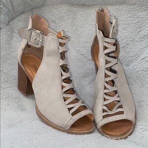 Soda Cream and Brown Peep-Toe Heels with Lace-Up Detail